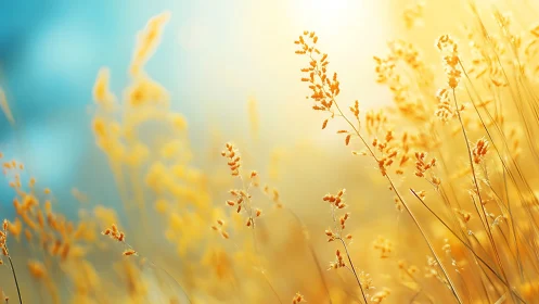 Backlit wild grass stems glow against soft cyan sky gradient