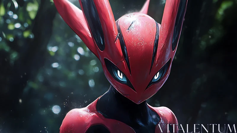 Red biomechanical creature with glowing eyes in forest.