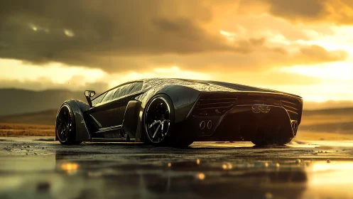 Low-slung futuristic sports car on wet road at sunset.