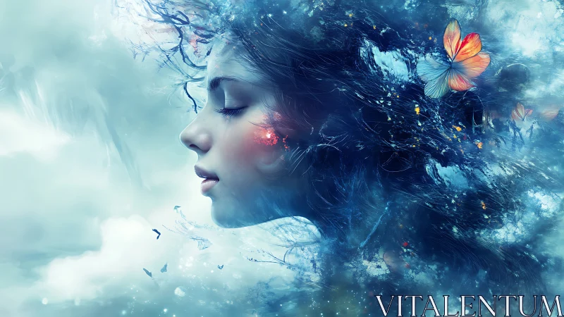 Aqueous dreamscape portrait with luminous butterfly vectors.