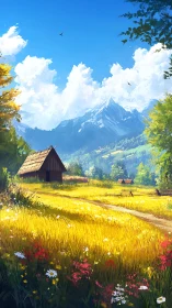 Golden mountain meadow glows around a quiet rustic cabin