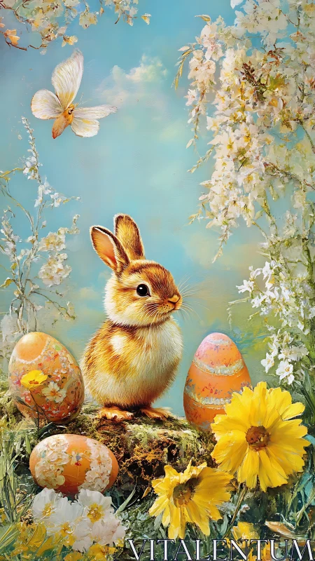 Spring meadow bunny with ornate Easter eggs and blooms.