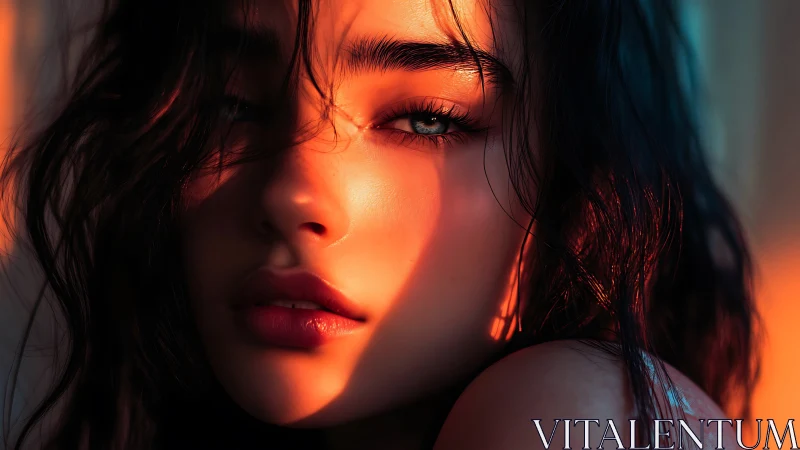 Sunlit portrait captures intense gaze in glowing warm shadows