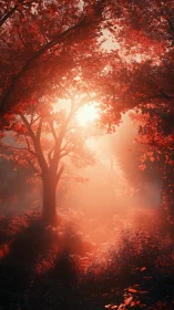 Sunlight penetrates dense red foliage in a forest clearing