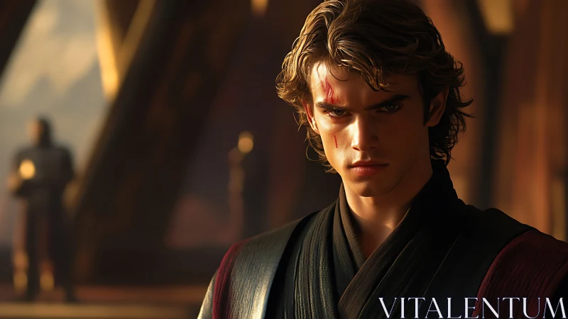 Scarred young warrior studies shadowed hall in silence.