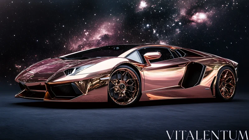 Copper comet supercar lounges under a velvet starfield sky