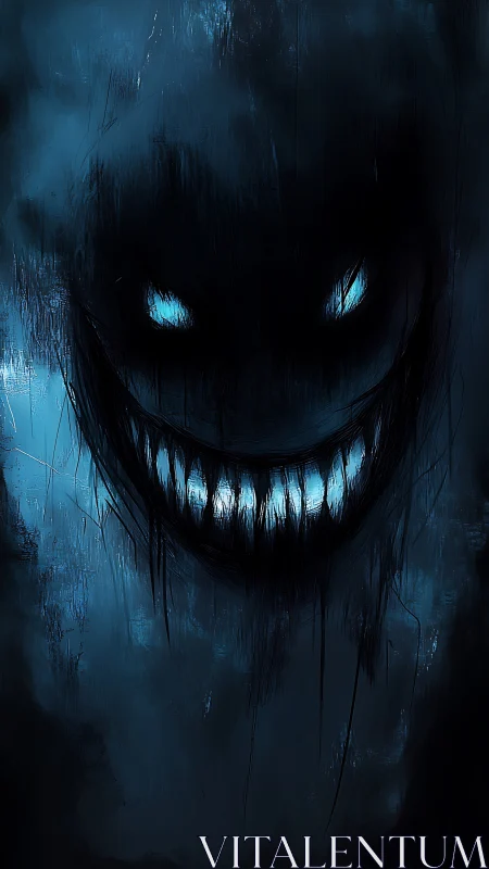 Sinister blue shadow face with glowing eyes and teeth.