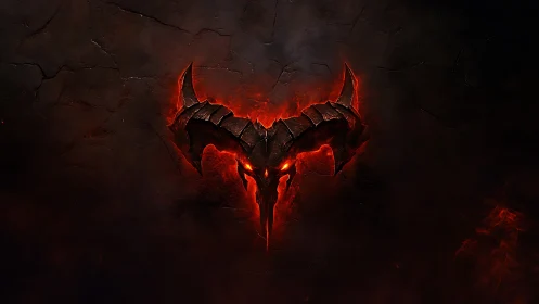 Demonic horned skull sigil with molten lava glow on basalt