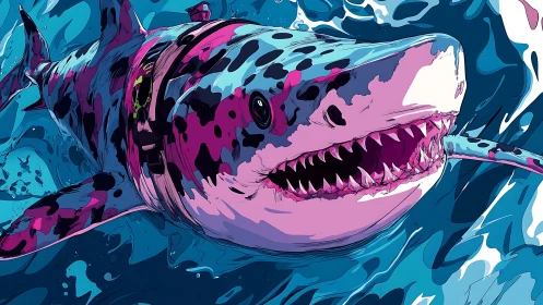 Multicolored shark illustration with harness in dynamic water.