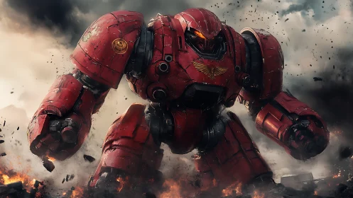 Colossal red battle mech advancing through fiery ruins.
