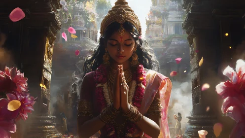 Temple petals and quiet prayers in golden morning light.