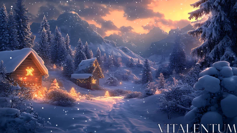Snowy mountain cabins lit by warm winter holiday lights.