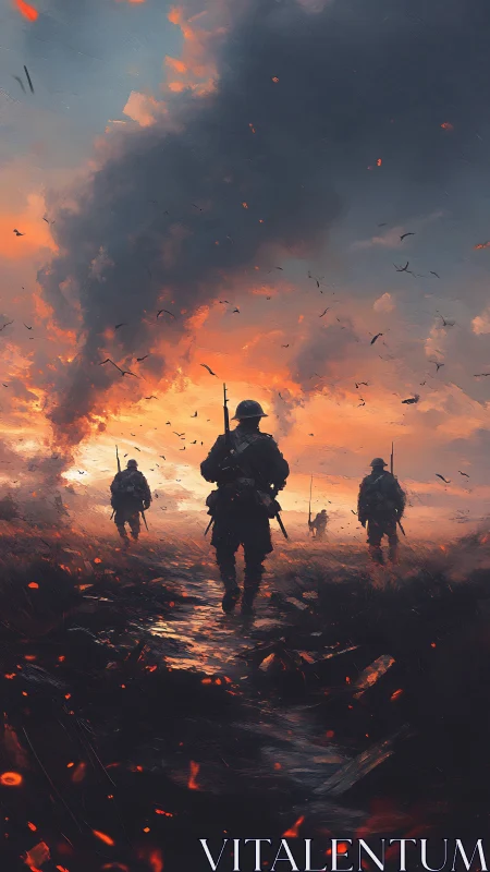 Embers On The Horizon: Soldiers Crossing A Burning Dusk.