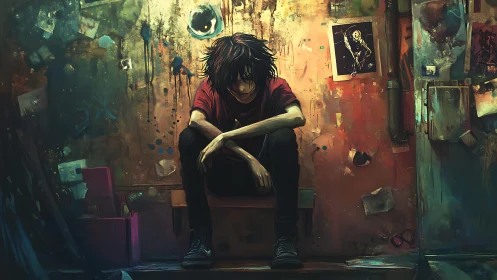 Melancholic youth in grungy studio corner with abstract graffiti.