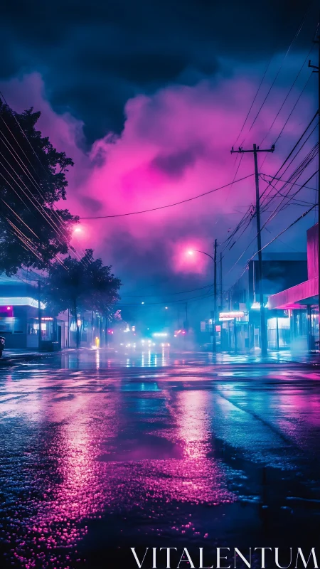 Neon lit wet urban street at night with dense colored fog.