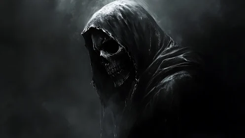 Skull-faced entity in hooded cloak rendered with high-contrast chiaroscuro
