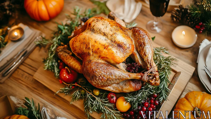 Golden roast turkey centerpiece with herbs and cranberries.