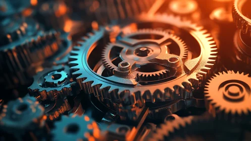 Interlocking metal gears glow under warm industrial light