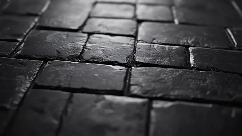 Wet basalt cobblestone pavement under shallow depth of field
