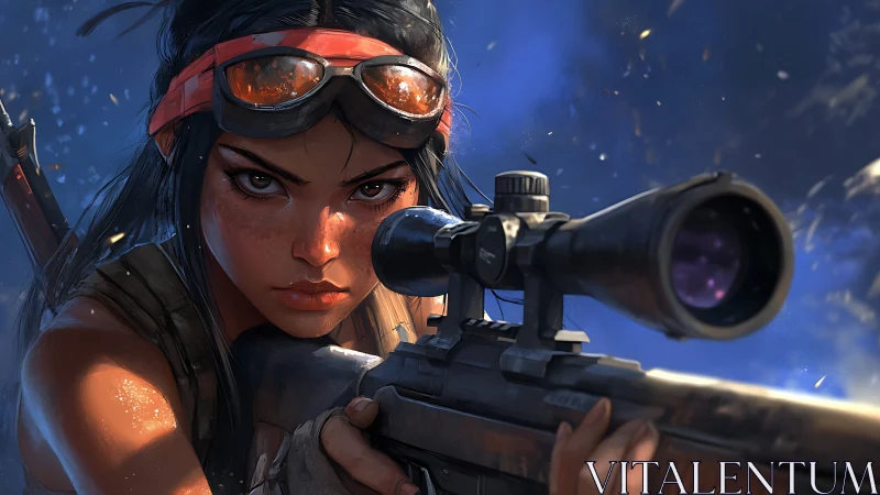 Tactical sniper with illuminated goggles in dynamic combat stance.