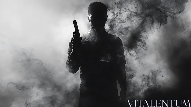Silhouetted armed figure in dense monochrome atmospheric smoke
