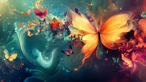 High-saturation fractal butterfly swarm overlays nebular color fields