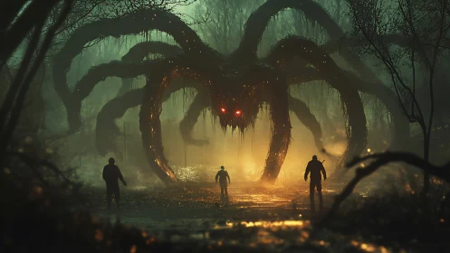 Mysterious forest encounter with a glowing many-limbed beast.