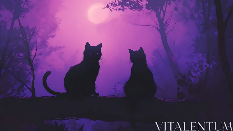 Midnight Sentinels: Two Felines Guard the Moonlit Forest.