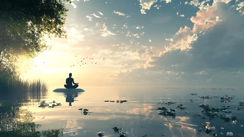 Calm figure meditating on water at sunrise or sunset.