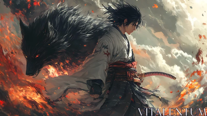 Samurai warrior with spectral wolf rendered in dynamic flames