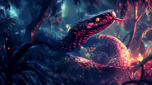 Bioluminescent viper coiled in volumetric neon jungle light.