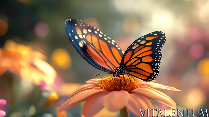 Monarch butterfly rests on a glowing flower at golden hour