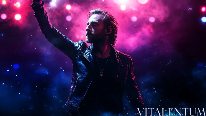 Rock performer reaching into neon colored concert lights.