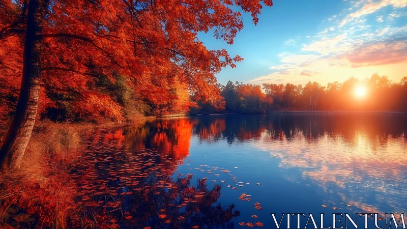 Autumn lakeside panorama with fiery foliage at golden sunset.
