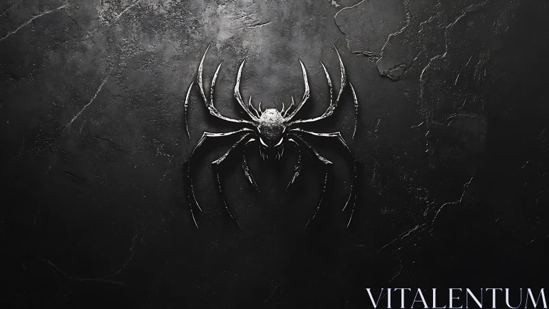Metallic spider emblem on textured dark stone surface.