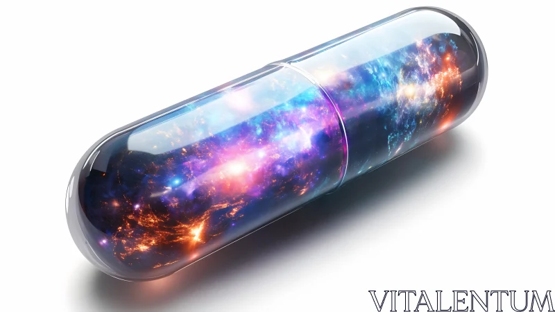 Transparent capsule containing abstract cosmic nebula imagery.