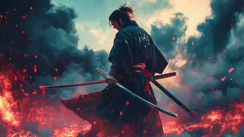 Lone samurai warrior with dual katanas amid firestorm embers