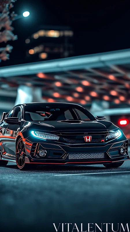 Sleek black Honda Civic glows under vibrant city lights.