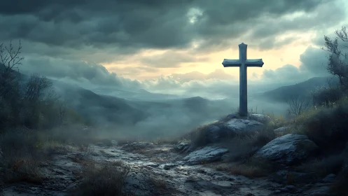 Stone cross crowns misty valley under storm laden sky.