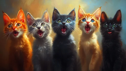 Five Expressive Cats with Vibrant Eyes and Open Mouths