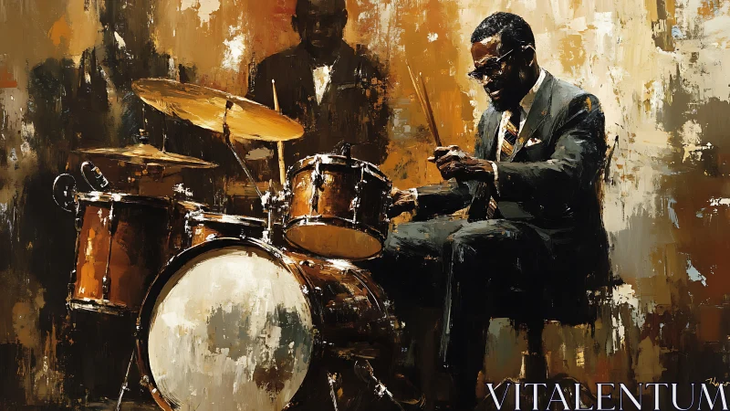 Drummer in suit playing drum kit against abstract backdrop.