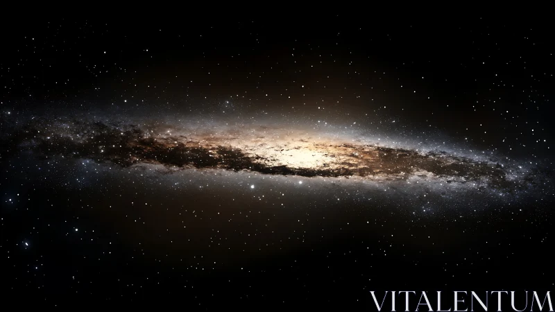 Edge-on spiral galaxy with luminous stellar core in deep space.