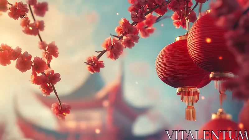 Lantern-lit blossom sky whispering over distant pagoda.