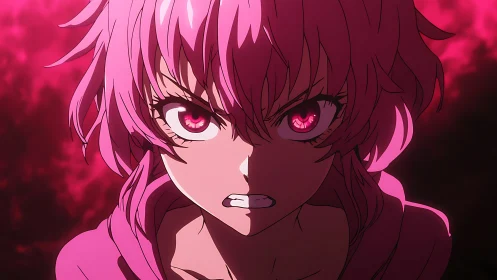 Fierce pink haired anime hero framed in glowing intensity.