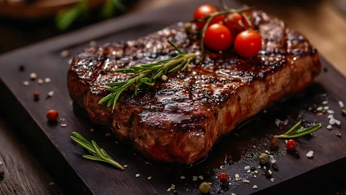 Flame-kissed steak throne crowned with bright cherry jewels.