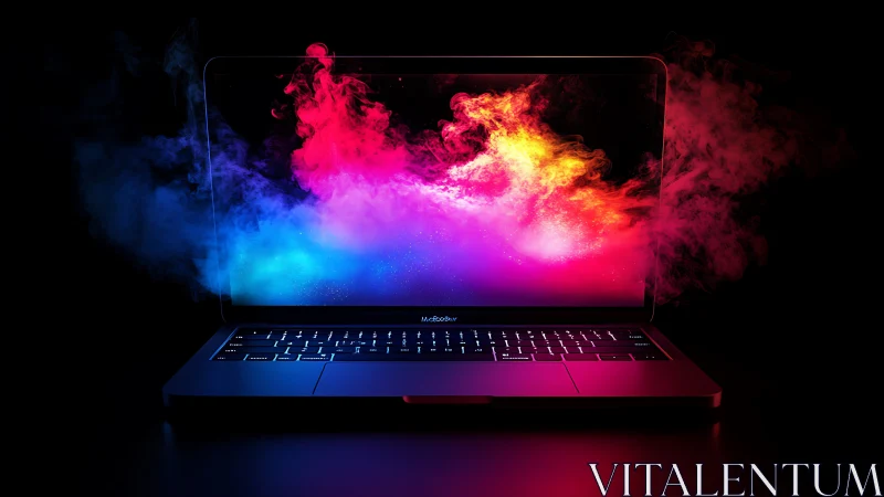 Spectral chromatic plumes emerging from an illuminated laptop display.