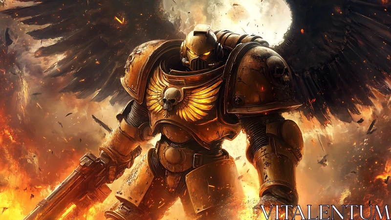 Winged war machine strides through molten twilight storm