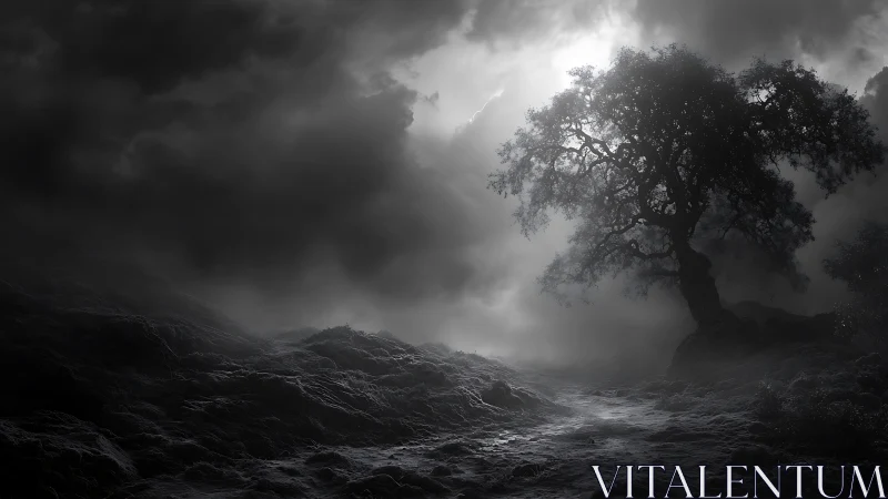 High-contrast monochrome landscape isolates lone windswept tree