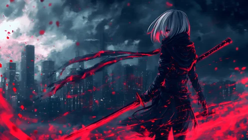 Hooded swordsman in red-lit cityscape under storm clouds.
