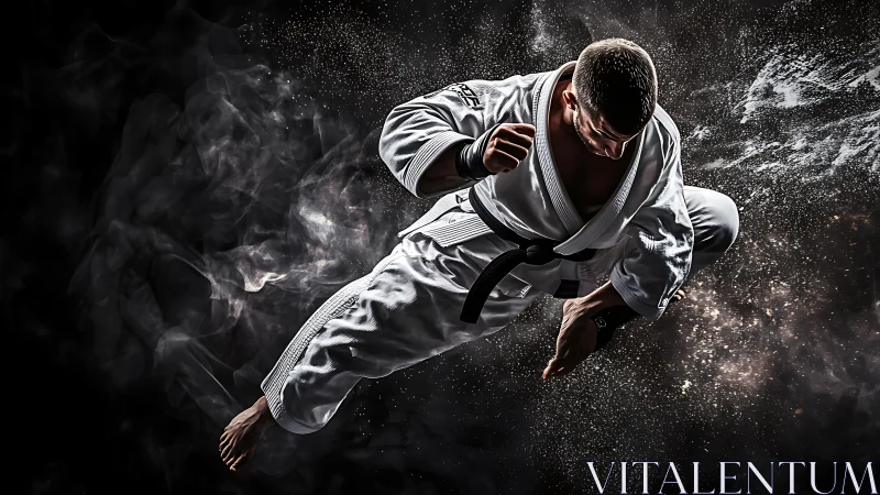 Explosive martial artist midair kick in dramatic powder burst.